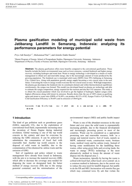 Plasma Gasification Modeling of Municipal Solid Waste from Jatibarang Landfill in Semarang, Indonesia: Analyzing Its Performance Parameters for Energy Potential