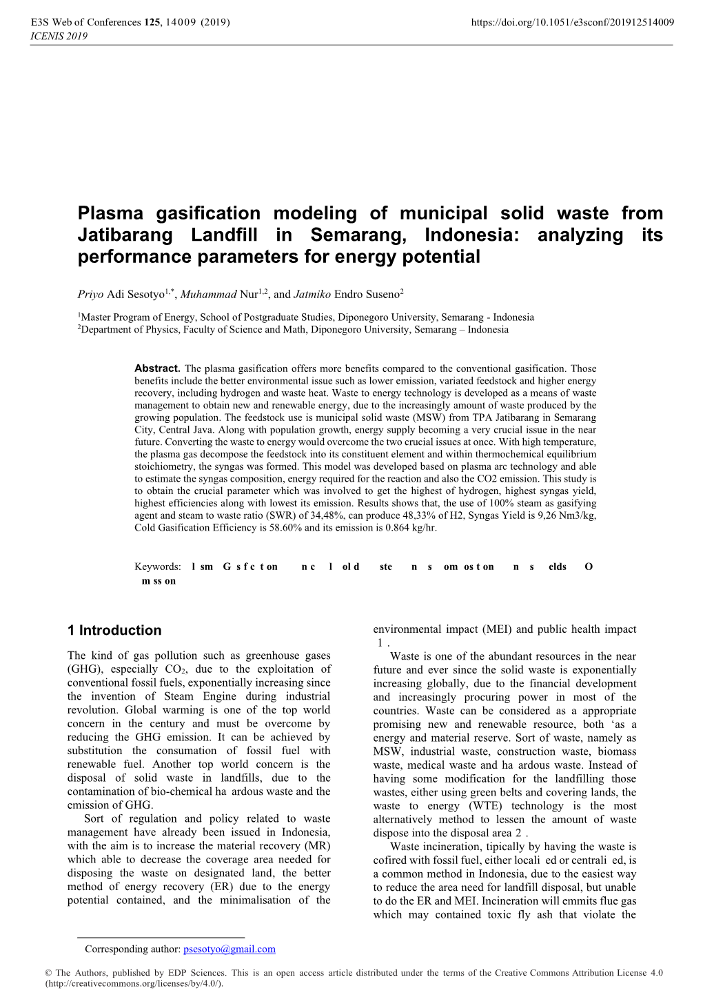 Plasma Gasification Modeling of Municipal Solid Waste from Jatibarang Landfill in Semarang, Indonesia: Analyzing Its Performance Parameters for Energy Potential