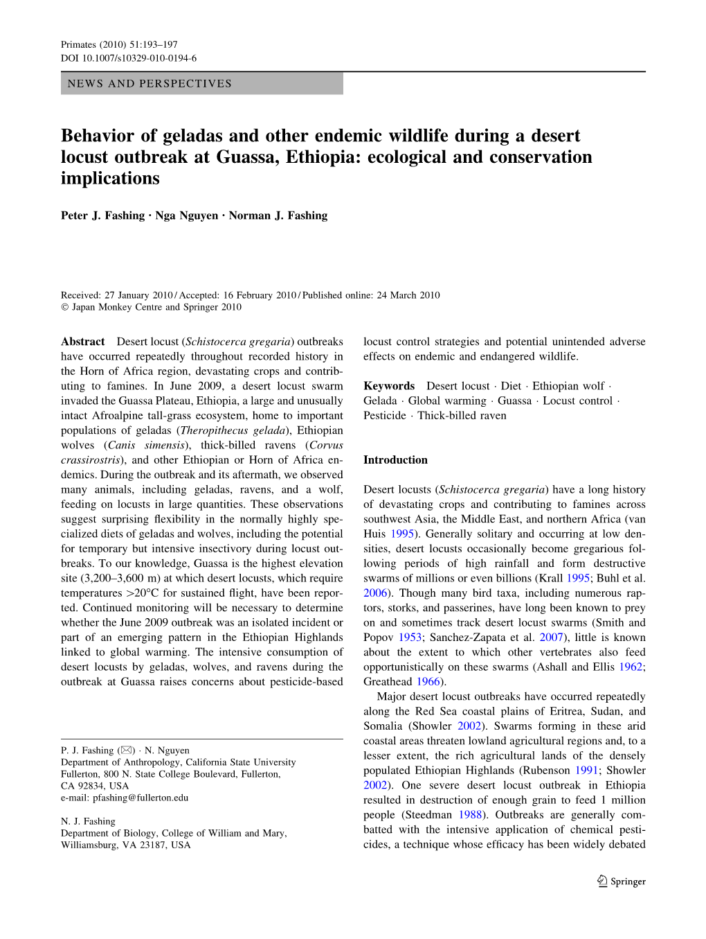 Behavior of Geladas and Other Endemic Wildlife During a Desert Locust Outbreak at Guassa, Ethiopia: Ecological and Conservation Implications