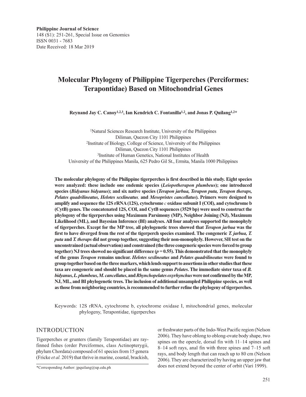 Molecular Phylogeny of Philippine Tigerperches (Perciformes: Terapontidae) Based on Mitochondrial Genes