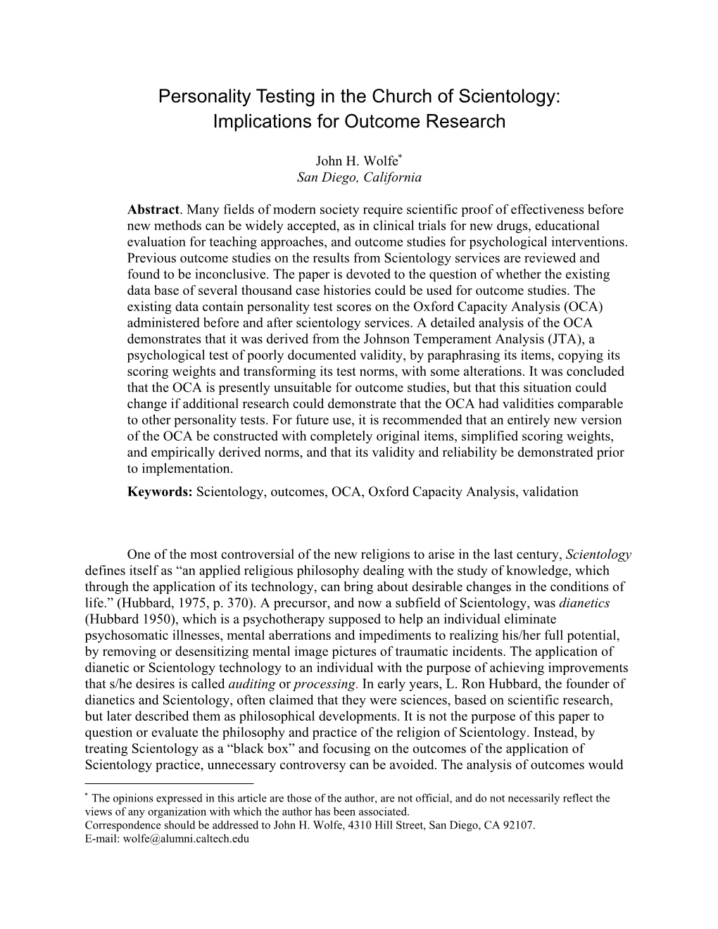 Personality Testing in the Church of Scientology: Implications for Outcome Research