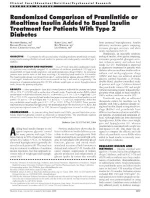 Randomized Comparison of Pramlintide Or Mealtime Insulin Added to Basal Insulin Treatment for Patients with Type 2 Diabetes