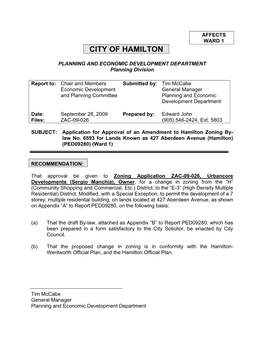 Application for Approval of an Amendment to Hamilton Zoning By- Law No