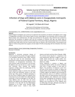 Infection of Dogs with Babesia Canis in Gwagwalada Metropolis of Federal Capital Territory, Abuja, Nigeria OC Jegede*, SS Obeta & B Faisal