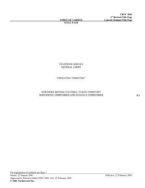 CRTC 3001 1St Revised Title Page INDEX of TARIFFS Cancels Original Title Page TITLE PAGE