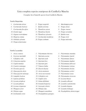 Lista Completa Especies Mariposas De Castilla-La Mancha Complete List of Butterfly Species from Castilla-La Mancha