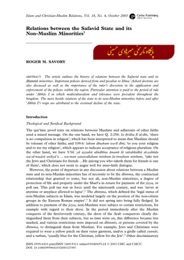 Relations Between the Safavid State and Its Non-Muslim Minorities1