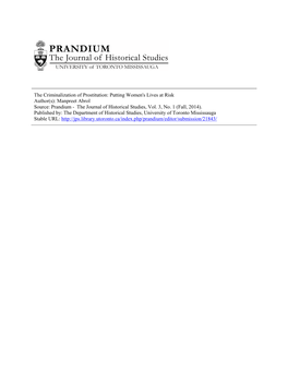 The Criminalization of Prostitution: Putting Women's Lives at Risk Author(S): Manpreet Abrol Source: Prandium - the Journal of Historical Studies, Vol