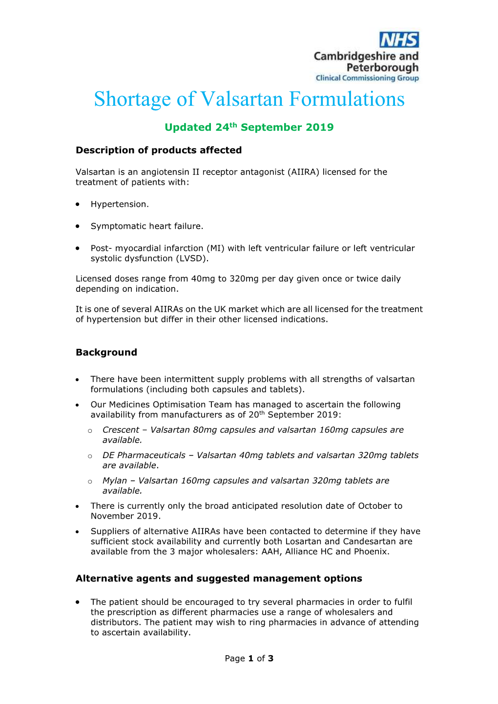 Shortage of Valsartan Formulations