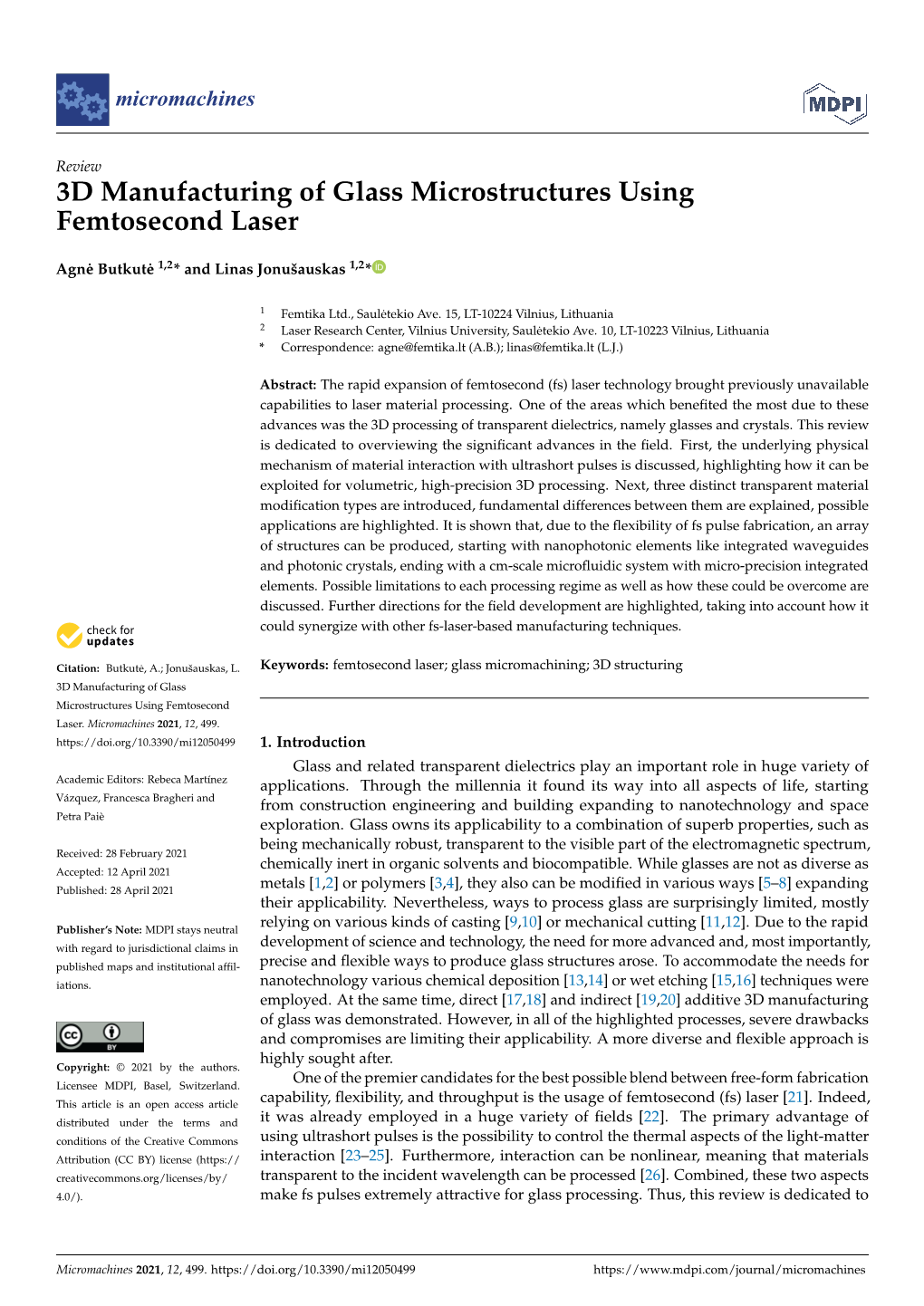 3D Manufacturing of Glass Microstructures Using Femtosecond Laser