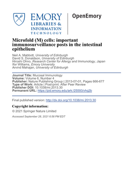 Cells: Important Immunosurveillance Posts in the Intestinal Epithelium Neil A