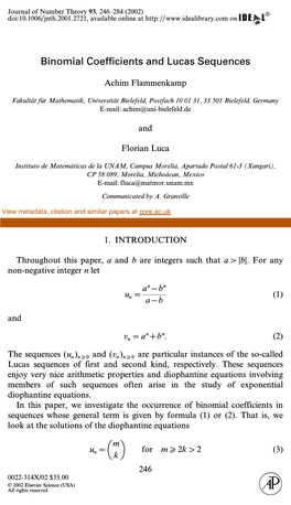Binomial Coefficients and Lucas Sequences