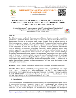 Studies on Antimicrobial Activity, Phytochemical Screening Tests, Biochemical Evaluation of Clitorea Ternatea Linn