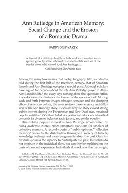 Ann Rutledge in American Memory: Social Change and the Erosion of a Romantic Drama