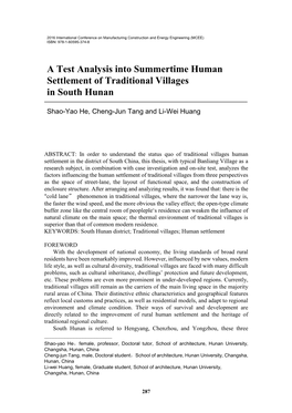 A Test Analysis Into Summertime Human Settlement of Traditional Villages in South Hunan