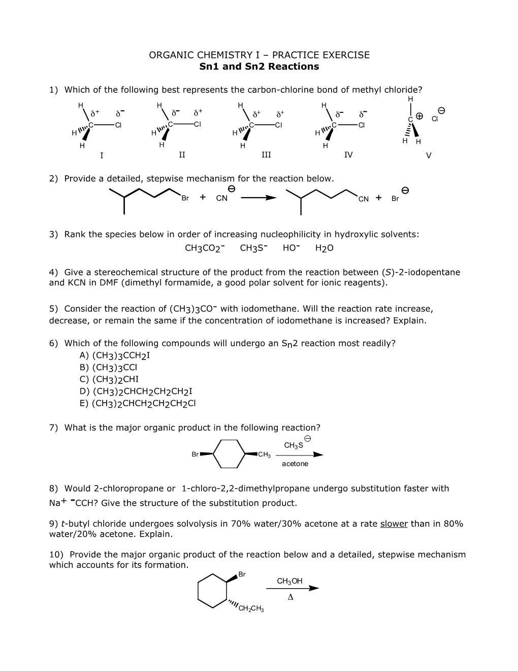 PRACTICE EXERCISE Sn1 and Sn2 Reactions Δ - DocsLib