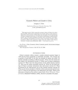 Economic Reform and Growth in China