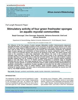 Stimulatory Activity of Four Green Freshwater Sponges on Aquatic Mycotal Communities
