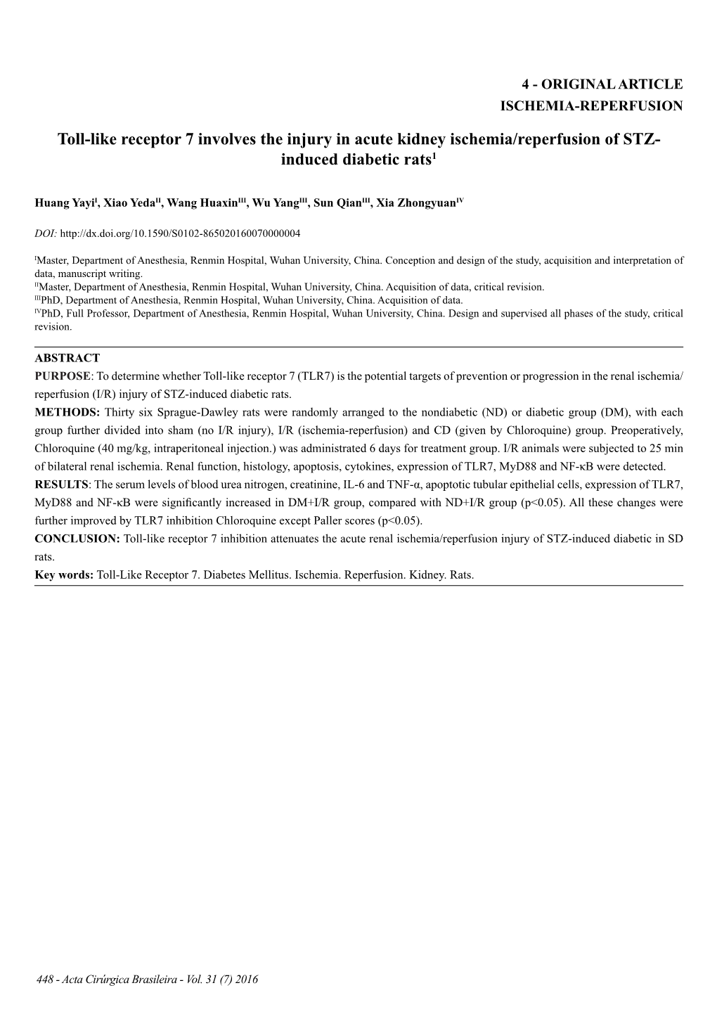 Toll-Like Receptor 7 Involves the Injury in Acute Kidney Ischemia/Reperfusion of STZ- Induced Diabetic Rats1