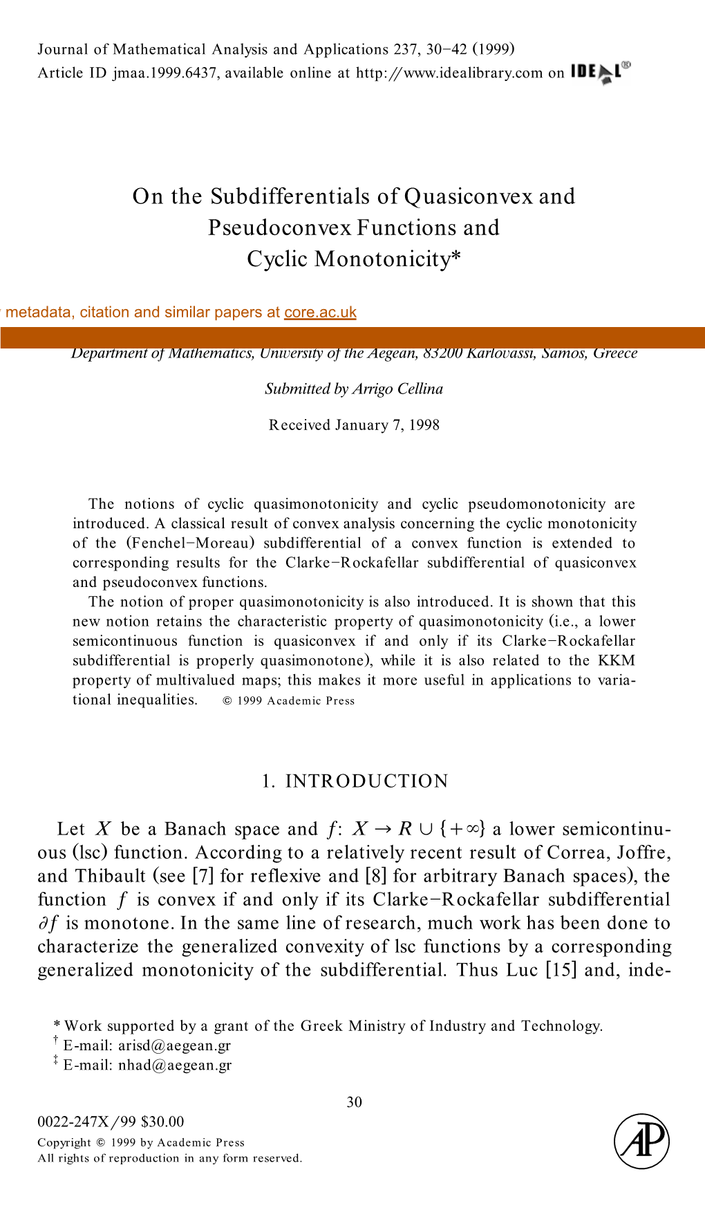 On the Subdifferentials of Quasiconvex and Pseudoconvex Functions and Cyclic Monotonicity*