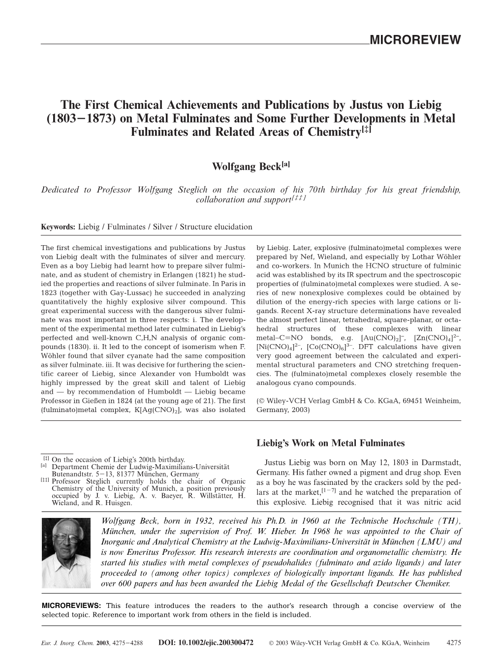 The First Chemical Achievements and Publications by Justus Von Liebig