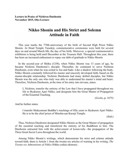 Nikko Shonin and His Strict and Solemn Attitude in Faith