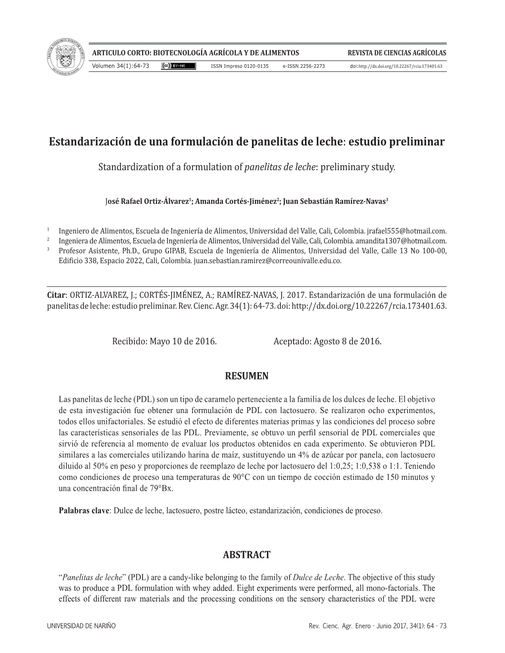 Estandarización De Una Formulación De Panelitas De Leche: Estudio Preliminar