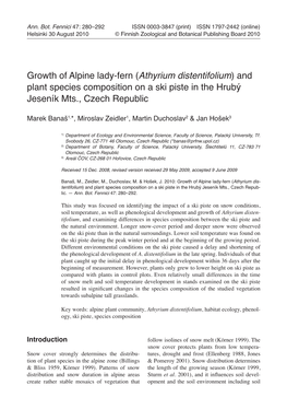 Growth of Alpine Lady-Fern (Athyrium Distentifolium) and Plant Species Composition on a Ski Piste in the Hrubý Jeseník Mts., Czech Republic