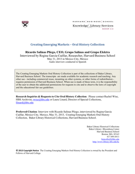 Creating Emerging Markets – Oral History Collection Ricardo Salinas