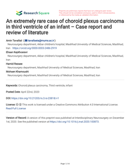 An Extremely Rare Case of Choroid Plexus Carcinoma in Third Ventricle of an Infant – Case Report and Review of Literature