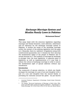 Exchange Marriage System and Muslim Family Laws in Pakistan