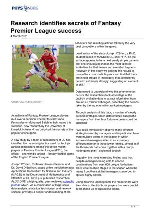 Research Identifies Secrets of Fantasy Premier League Success 4 March 2021