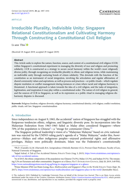Irreducible Plurality, Indivisible Unity: Singapore Relational Constitutionalism and Cultivating Harmony Through Constructing a Constitutional Civil Religion