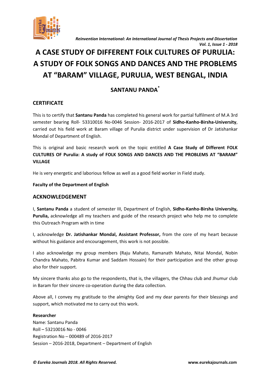 A Case Study of Different Folk Cultures of Purulia: a Study of Folk Songs and Dances and the Problems at “Baram” Village, Purulia, West Bengal, India