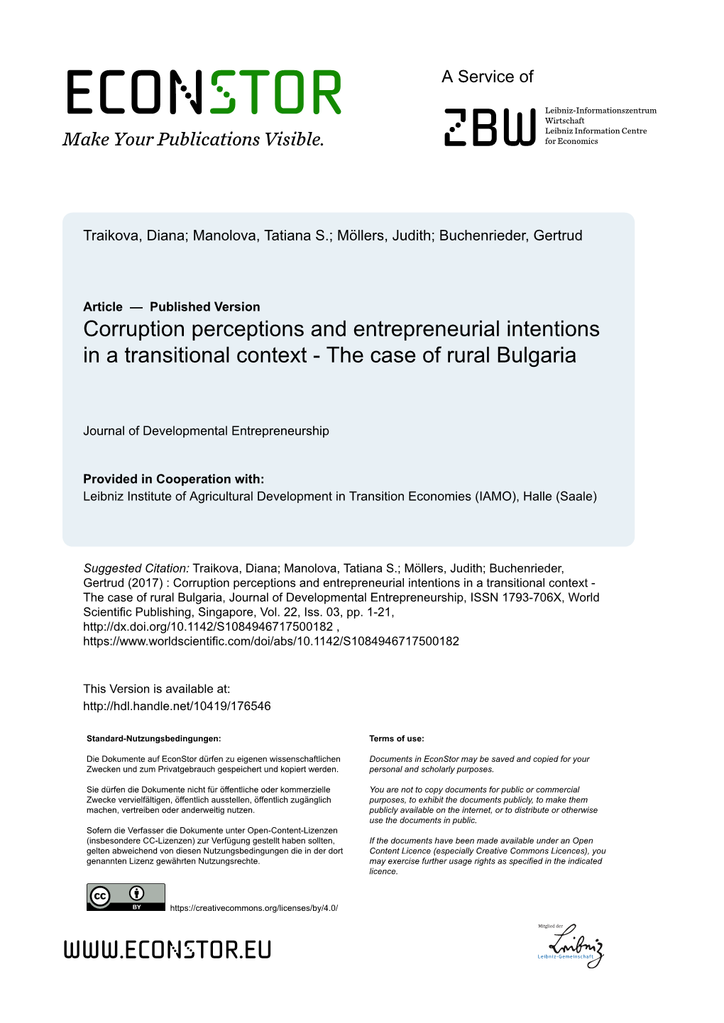 Corruption Perceptions and Entrepreneurial Intentions in a Transitional Context–The Case of Rural Bulgaria