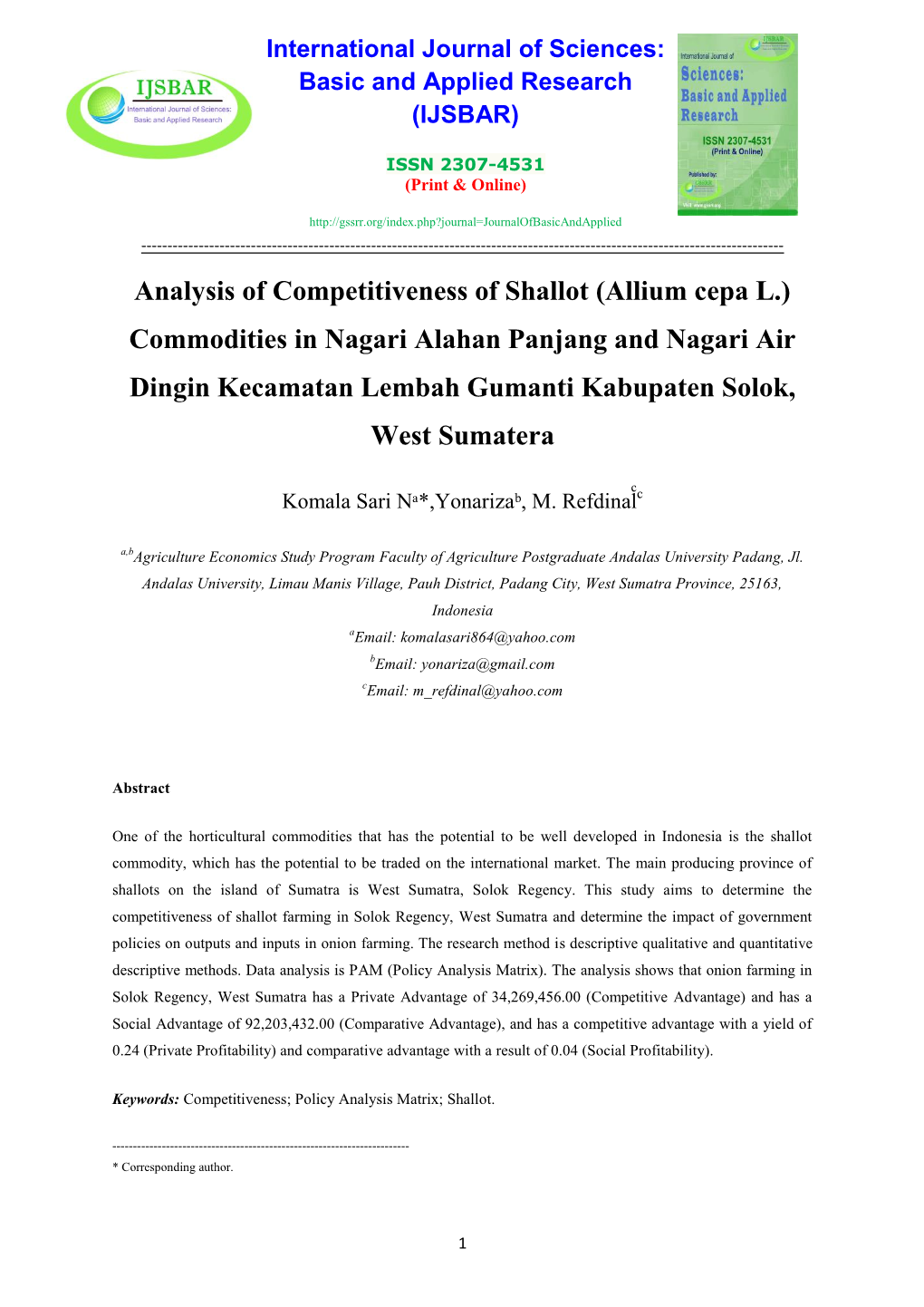 Analysis of Competitiveness of Shallot (Allium Cepa L.) Commodities In