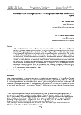 Jalabi Practice: a Critical Appraisal of a Socio-Religious Phenomenon in Yorubaland, Nigeria