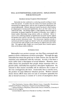 Will As Intertemporal Bargaining: Implications for Rationality