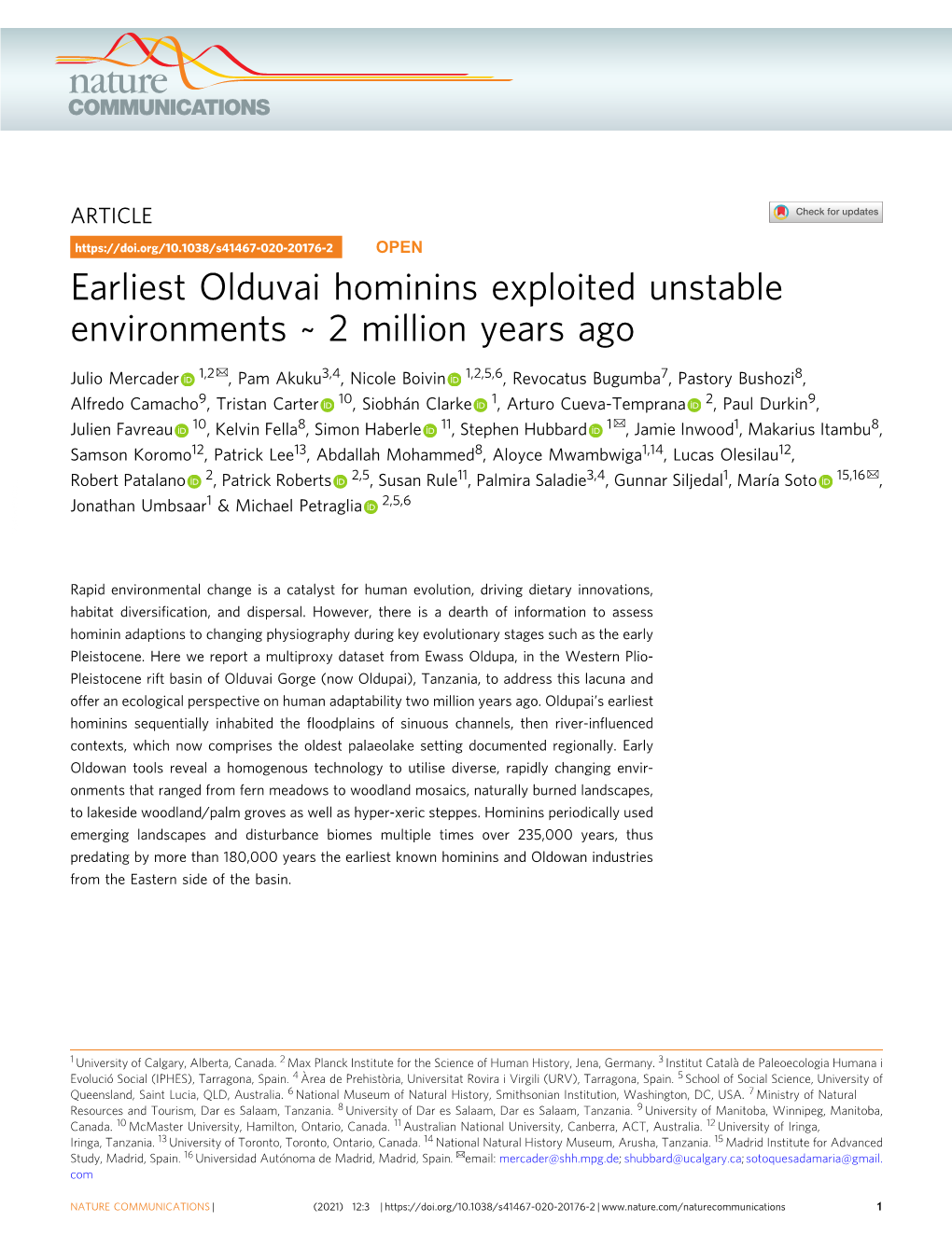 Earliest Olduvai Hominins Exploited Unstable