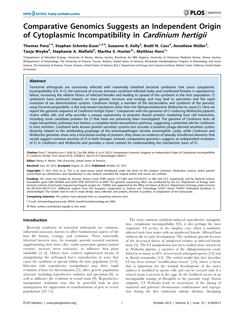 Comparative Genomics Suggests an Independent Origin of Cytoplasmic Incompatibility in Cardinium Hertigii