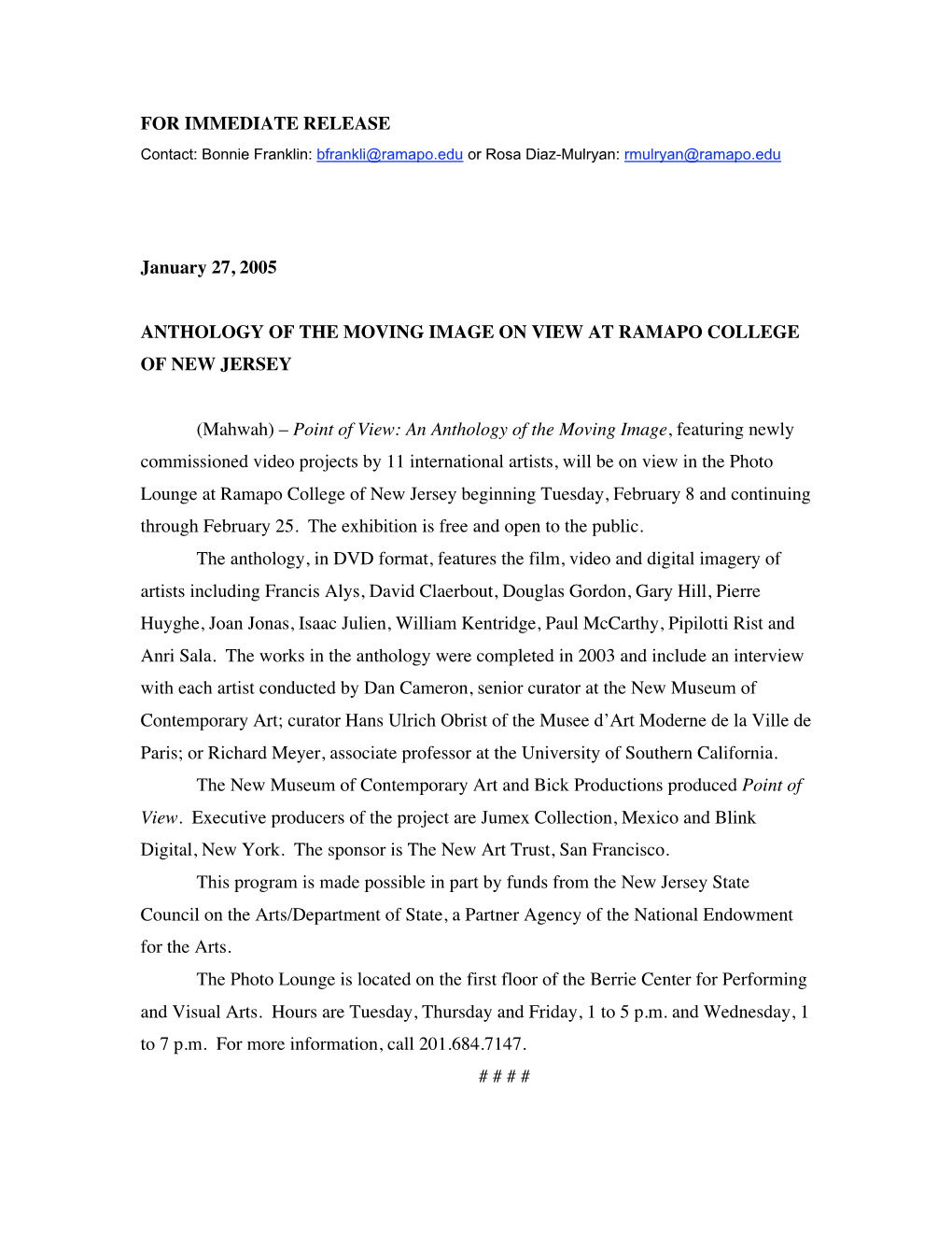 FOR IMMEDIATE RELEASE January 27, 2005