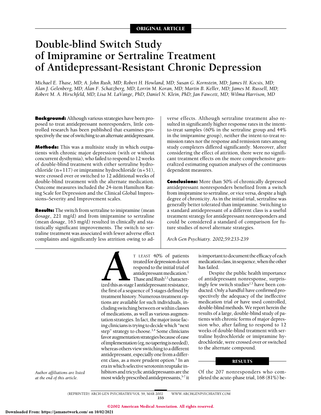 Double-Blind Switch Study of Imipramine Or Sertraline Treatment of Antidepressant-Resistant Chronic Depression