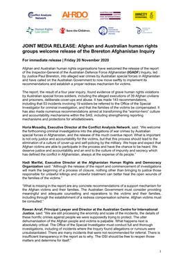 JOINT MEDIA RELEASE: Afghan and Australian Human Rights Groups Welcome Release of the Brereton Afghanistan Inquiry