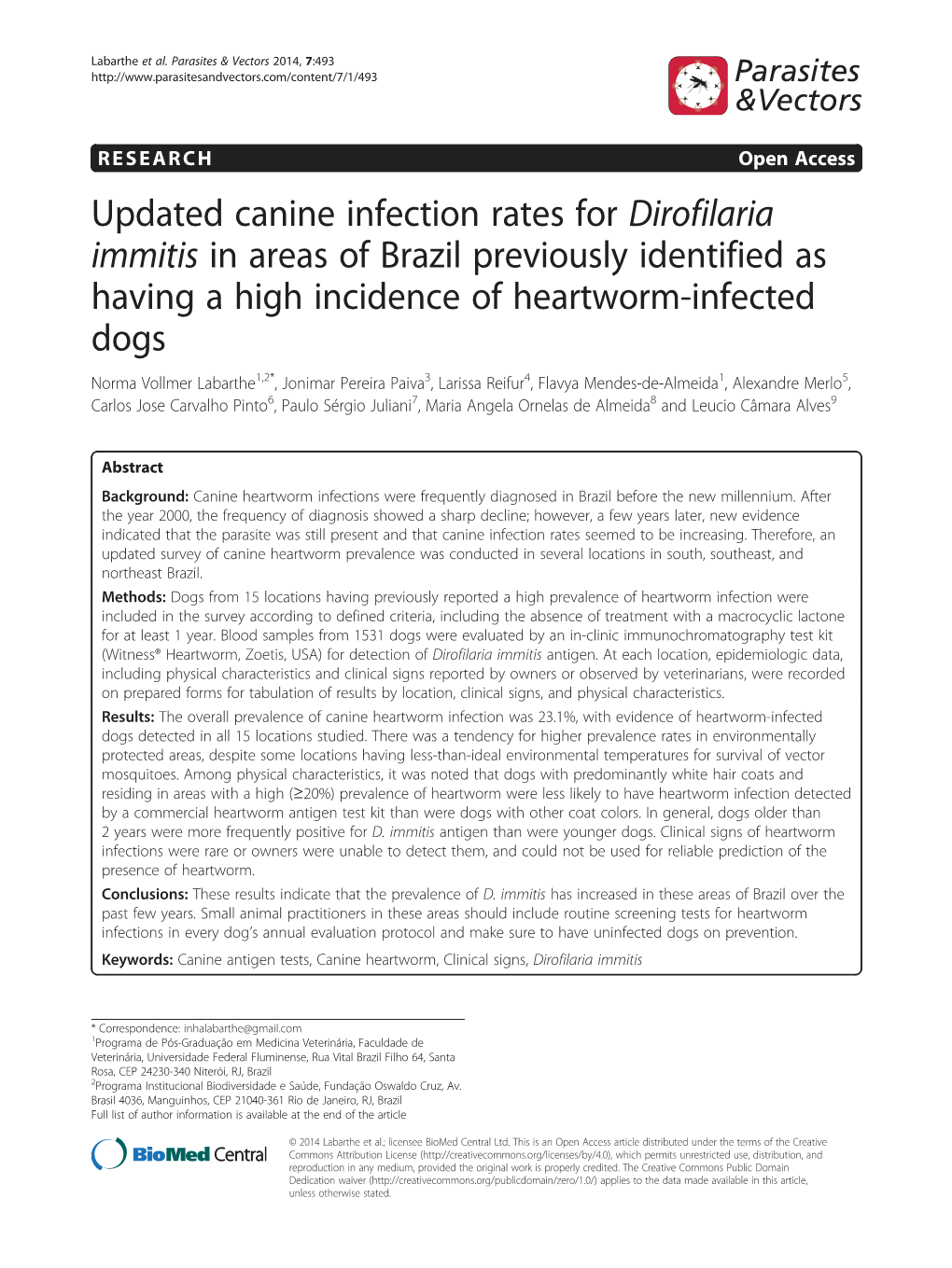 Updated Canine Infection Rates for Dirofilaria Immitis in Areas of Brazil