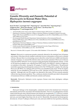 Genetic Diversity and Zoonotic Potential of Blastocystis in Korean Water Deer, Hydropotes Inermis Argyropus