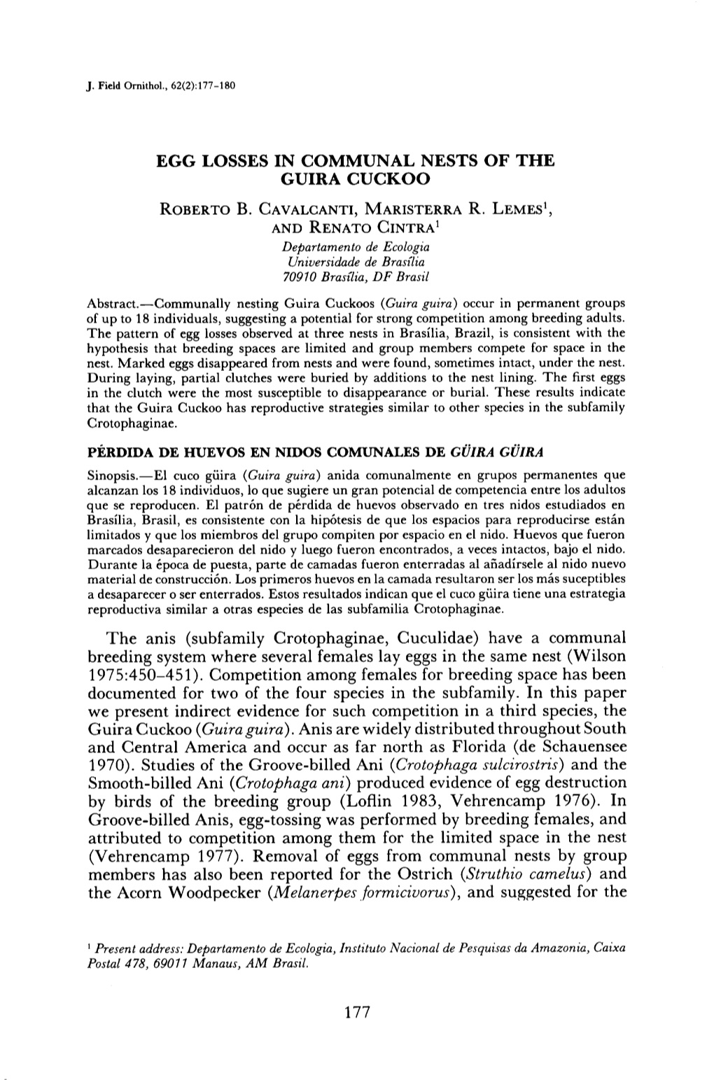 Egg Losses in Communal Nests of the Guira Cuckoo