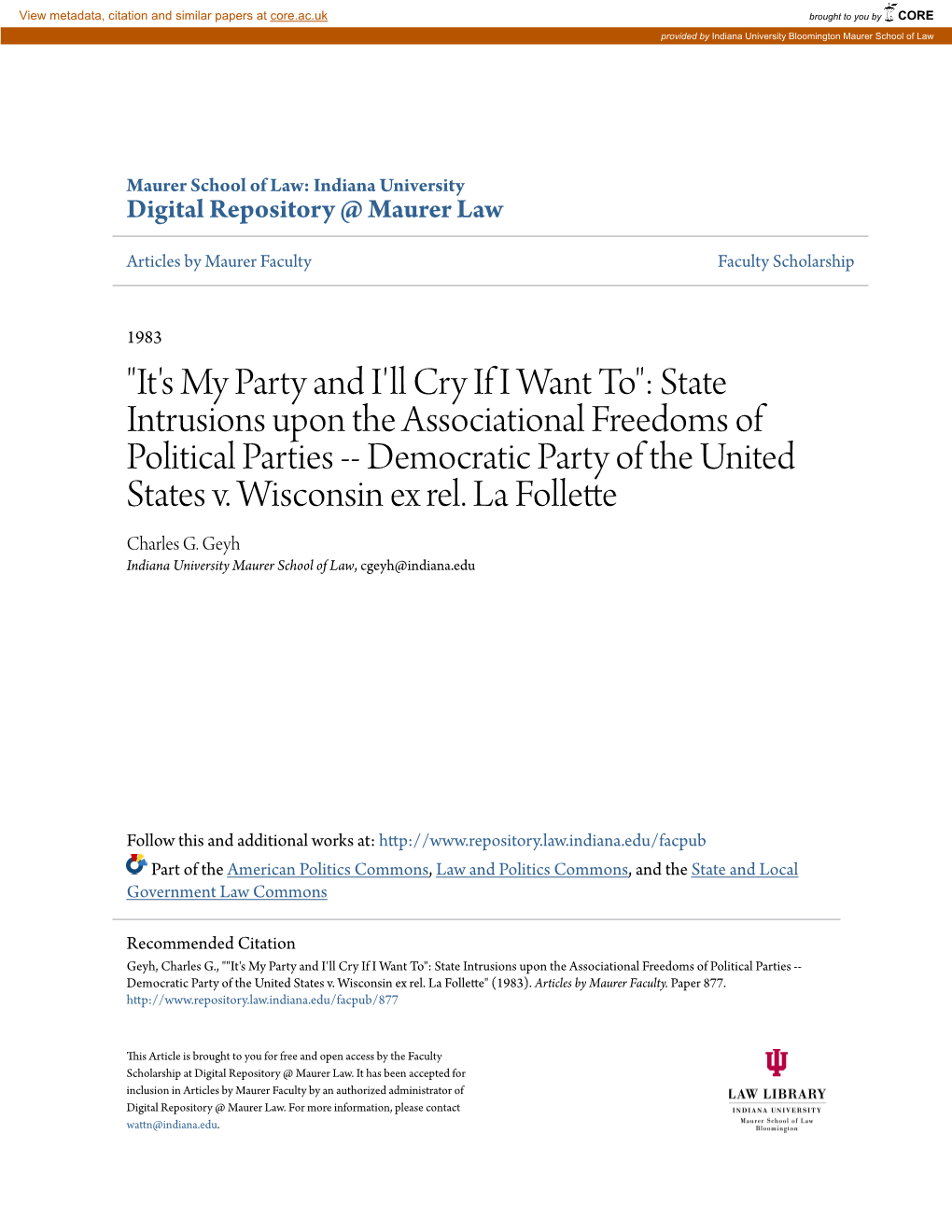 It's My Party and I'll Cry If I Want To": State Intrusions Upon the Associational Freedoms of Political Parties -- Democratic Party of the United States V