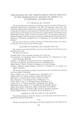 PROCEEDINGS of the TWENTY-SIXTH ANNUAL MEETING of the MINERALOGICAL SOCIETY of AMERICA at PITTSBURGH, PENNSYLVANIA C. S. Hunrnut