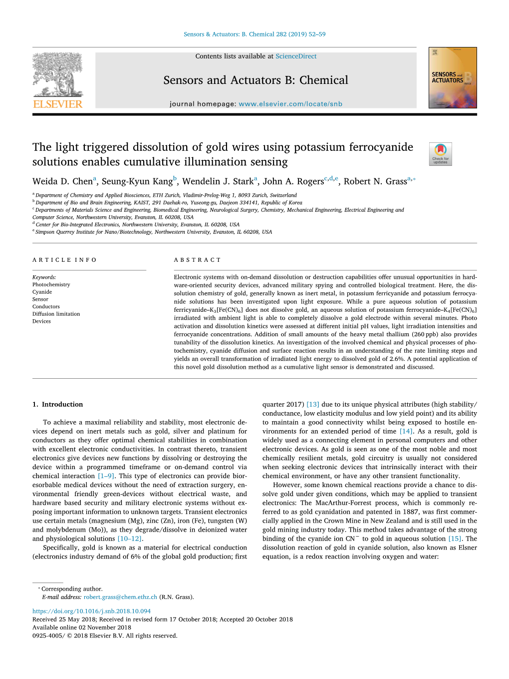 The Light Triggered Dissolution of Gold Wires Using Potassium Ferrocyanide T Solutions Enables Cumulative Illumination Sensing ⁎ Weida D