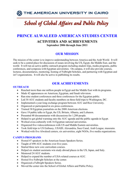 PRINCE ALWALEED AMERICAN STUDIES CENTER ACTIVITIES and ACHIEVEMENTS September 2006 Through June 2011
